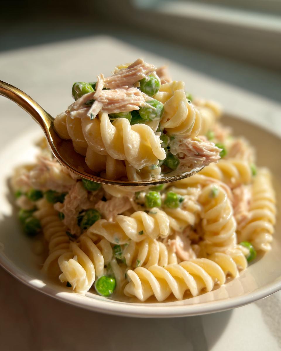 A spoonful of creamy tuna pasta salad with rotini pasta and bright green peas being lifted from a white bowl.