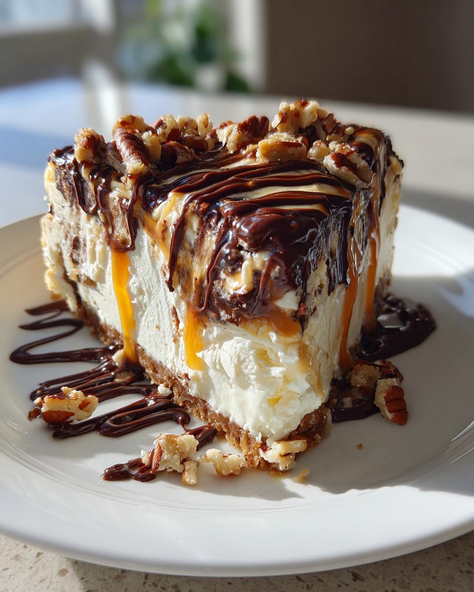 A decadent slice of turtle cheesecake topped with drizzled chocolate, caramel sauce, and chopped pecans.