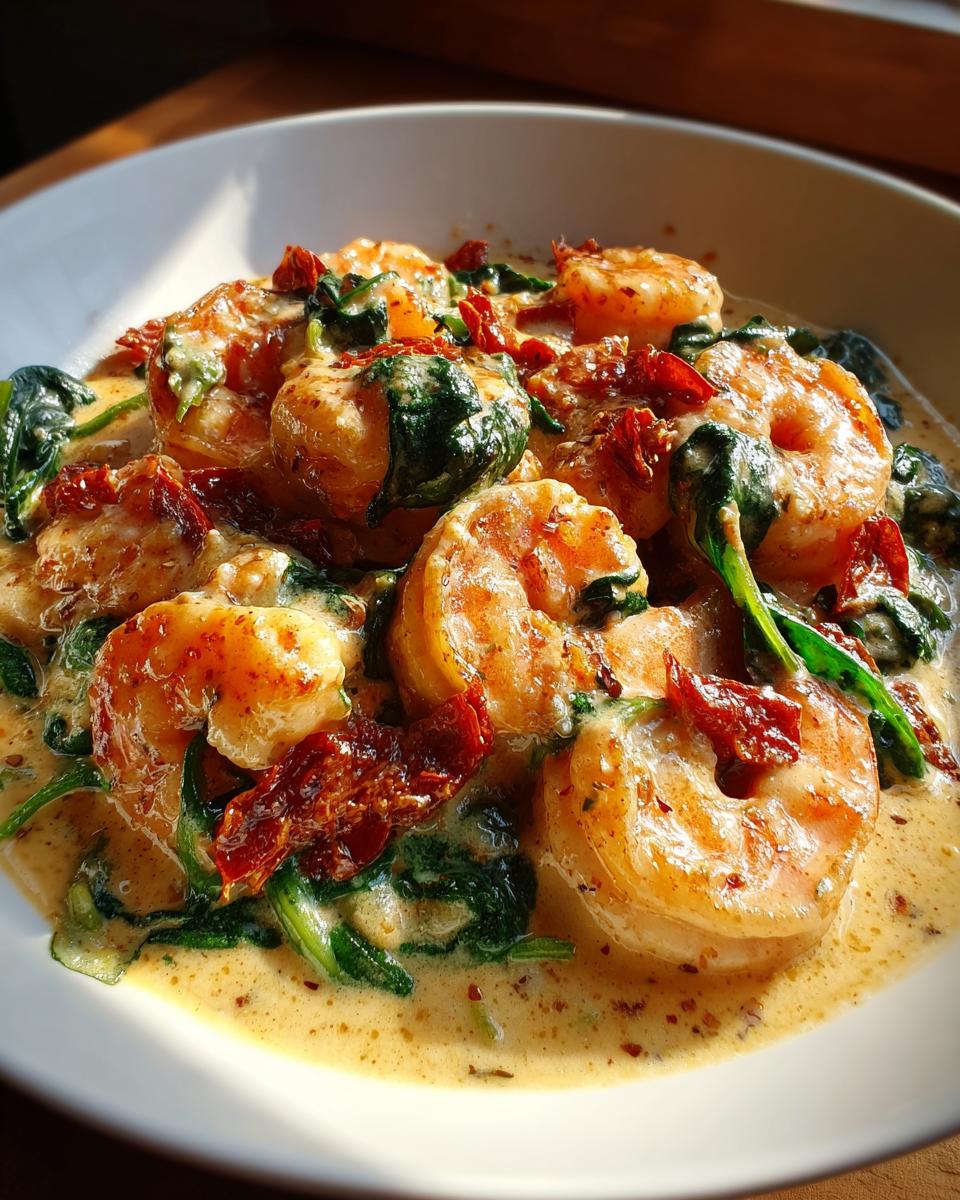 Close-up of succulent shrimp in a creamy sauce with spinach and sun-dried tomatoes, featuring our Tuscan shrimp recipe.