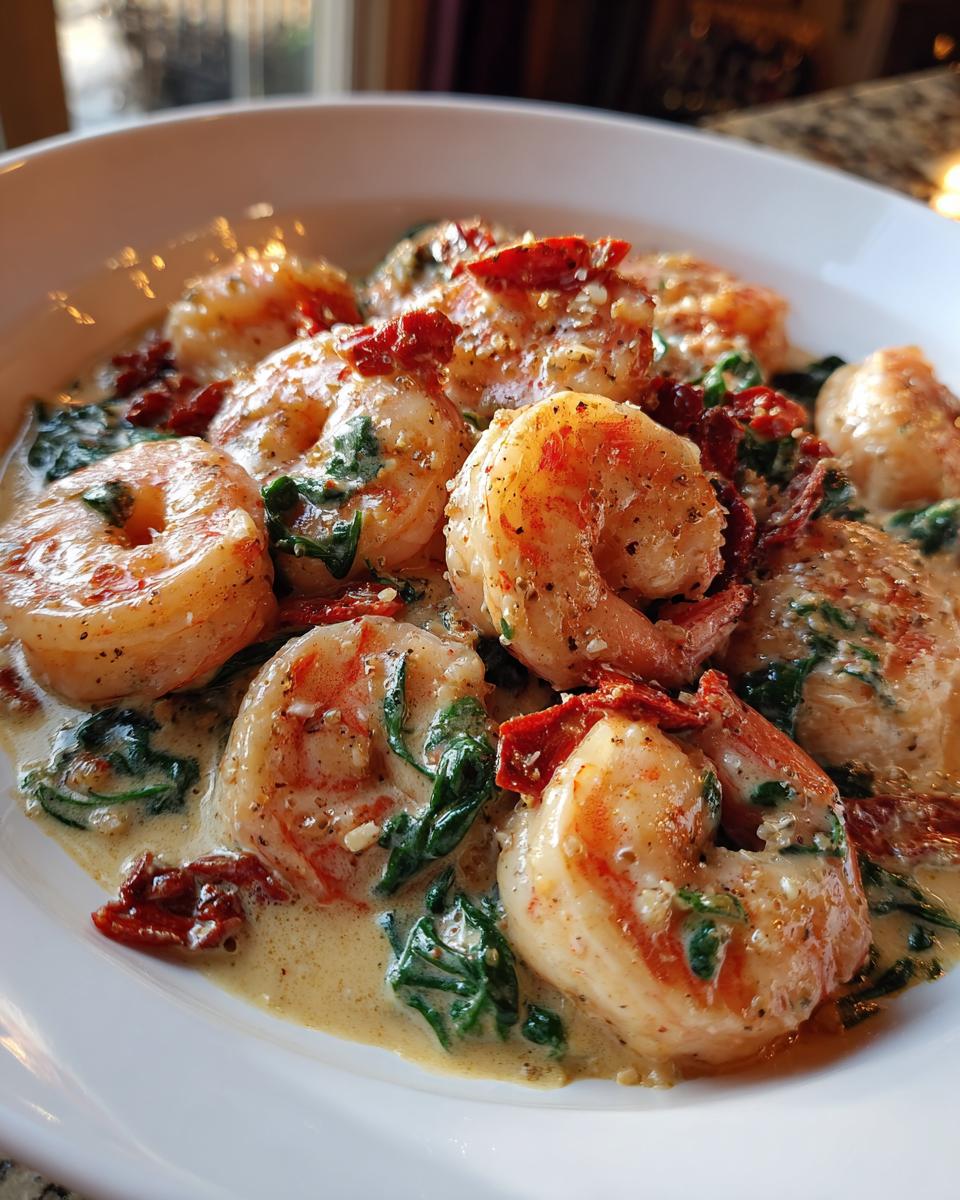 Close-up of plump shrimp in a creamy sauce with spinach and sun-dried tomatoes, showcasing the Tuscan shrimp dish.