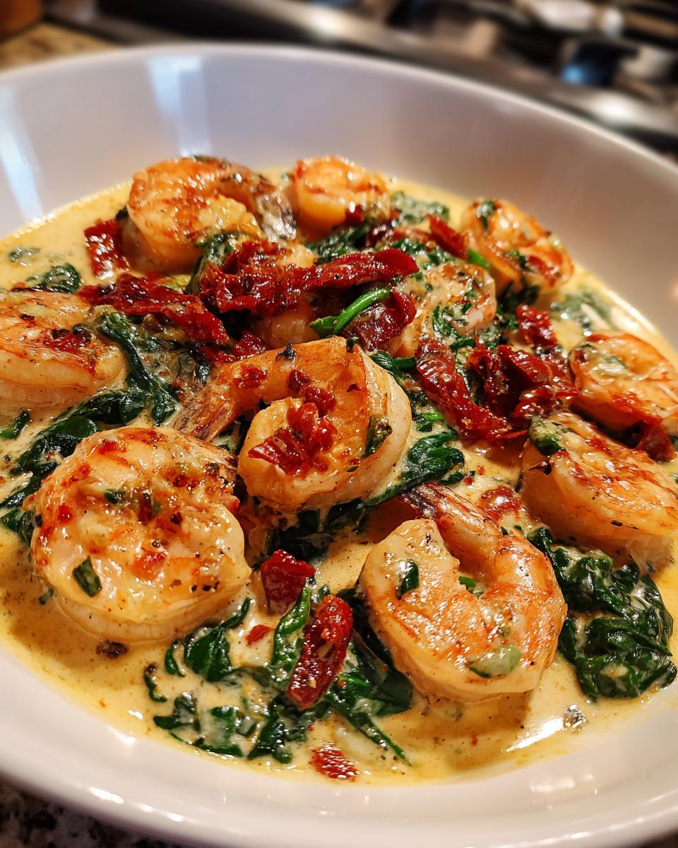 A close-up view of succulent Tuscan shrimp served in a creamy sauce with spinach and sun-dried tomatoes.