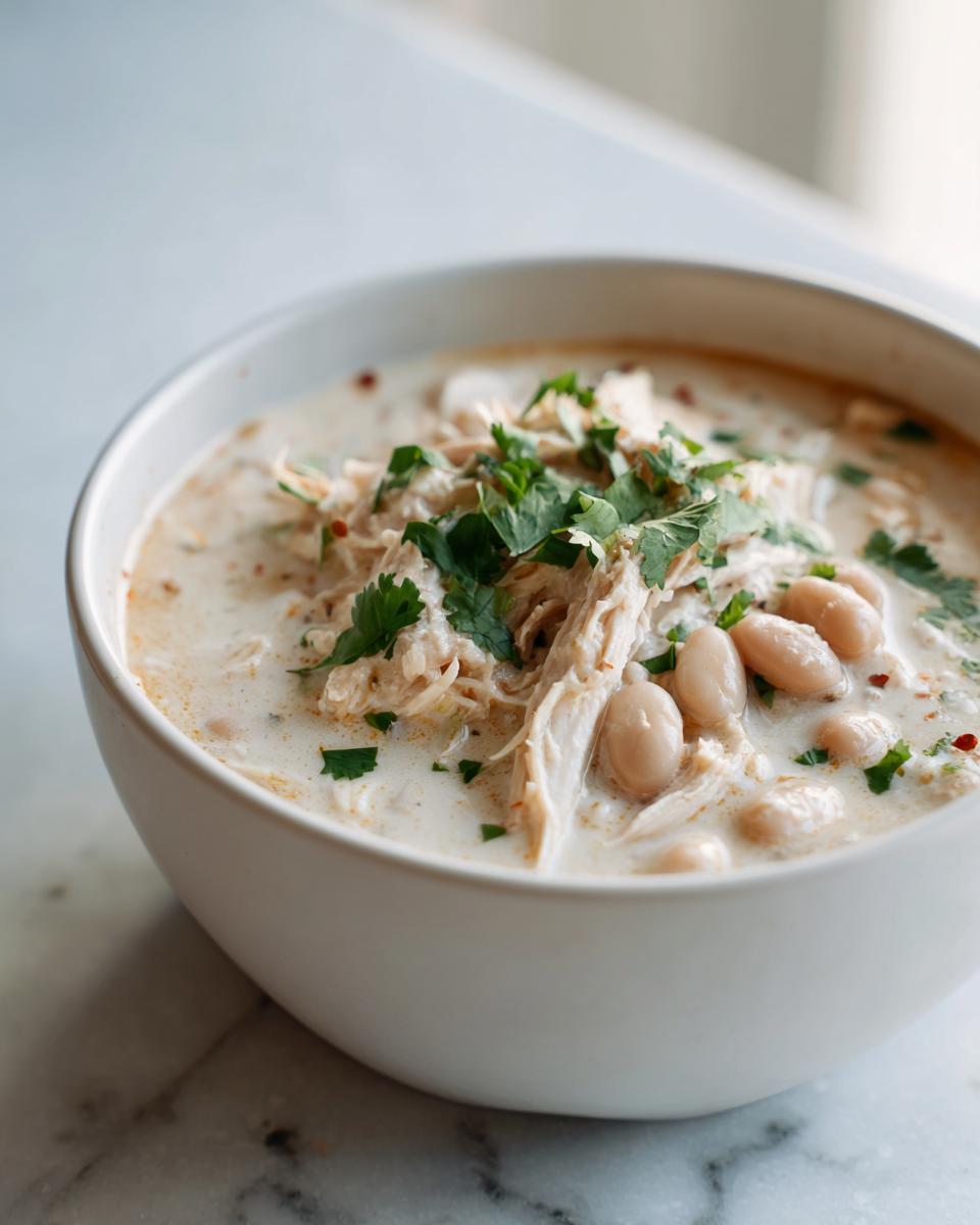 Close-up of a creamy white chicken chili topped with shredded chicken, white beans, and fresh cilantro.