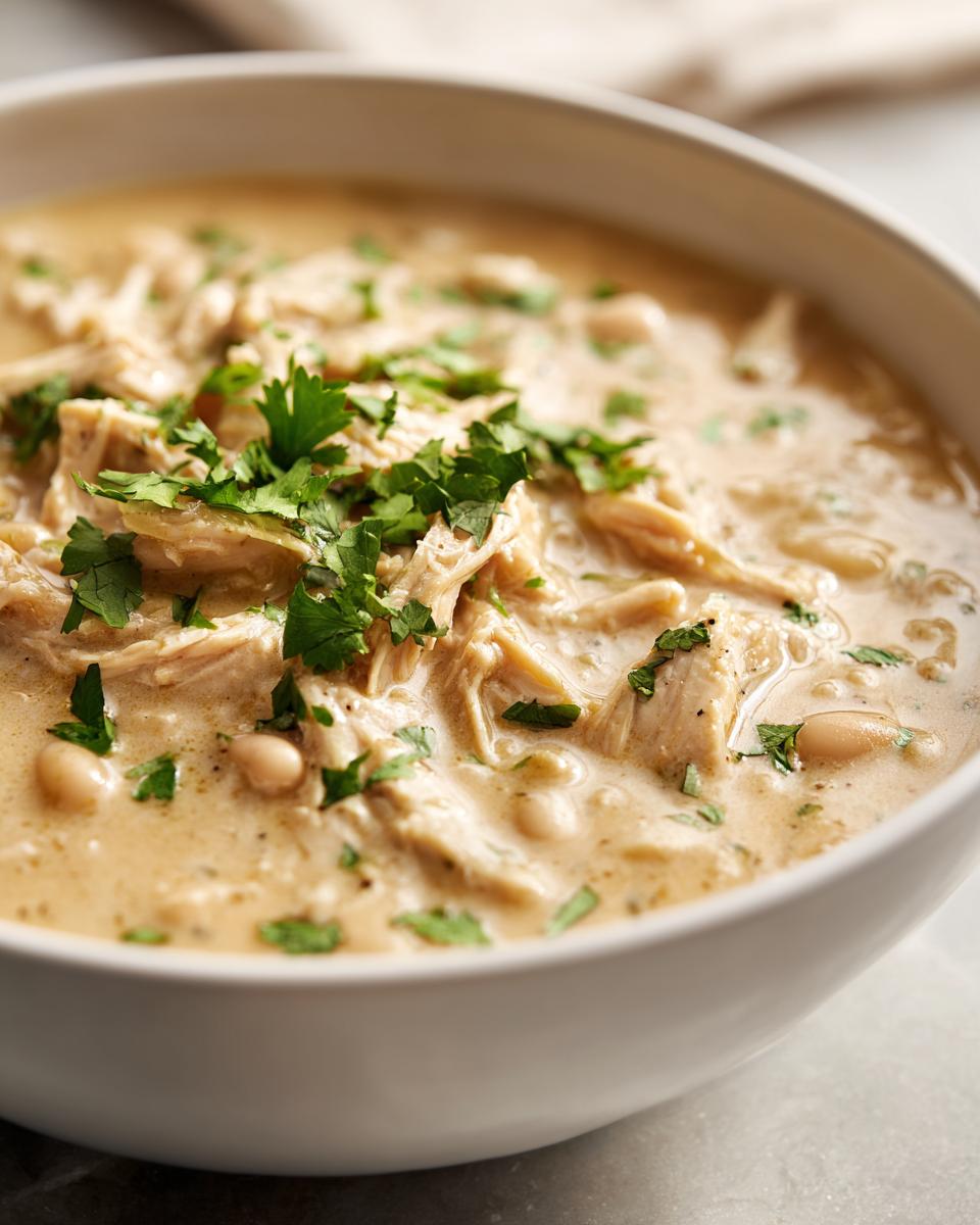 Close-up of creamy white chicken chili, featuring shredded chicken, white beans, and fresh parsley garnish.
