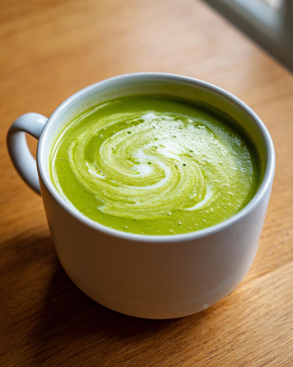Close-up of creamy zucchini soup in a white mug, featuring a decorative swirl of cream on top.