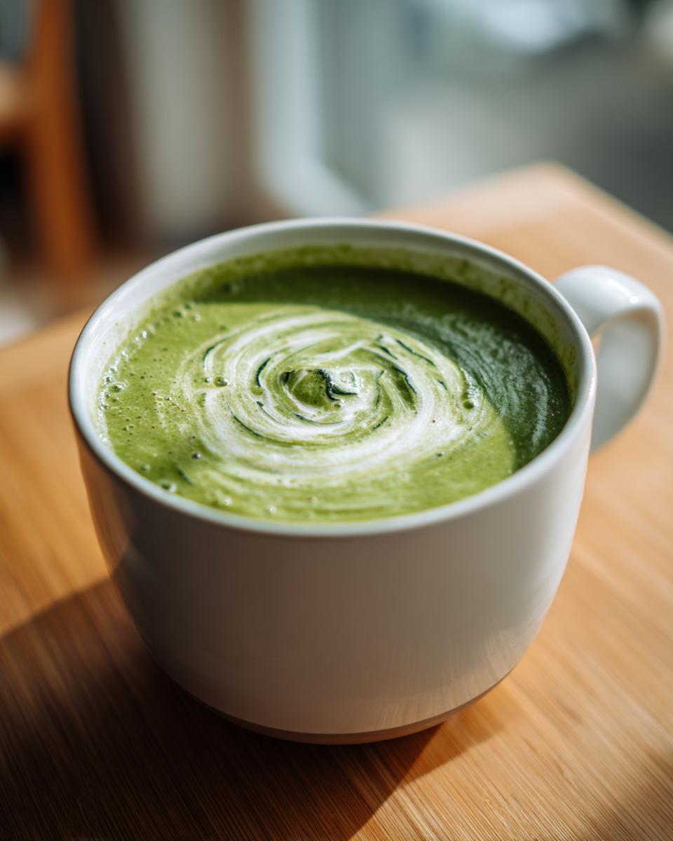 Close-up of creamy green zucchini soup in a white mug, topped with a white cream swirl.