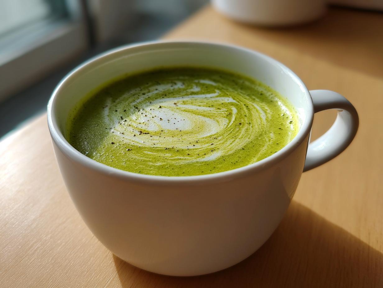 Close-up of creamy green zucchini soup with a swirl of cream and pepper in a white mug.