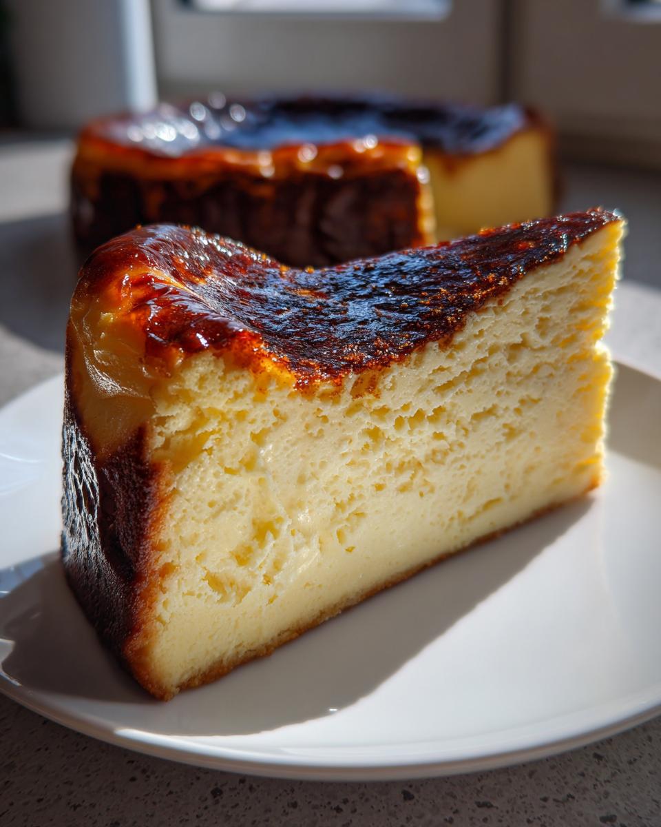 A close-up slice of creamy creme brulee cheesecake featuring a deeply caramelized, dark top crust.
