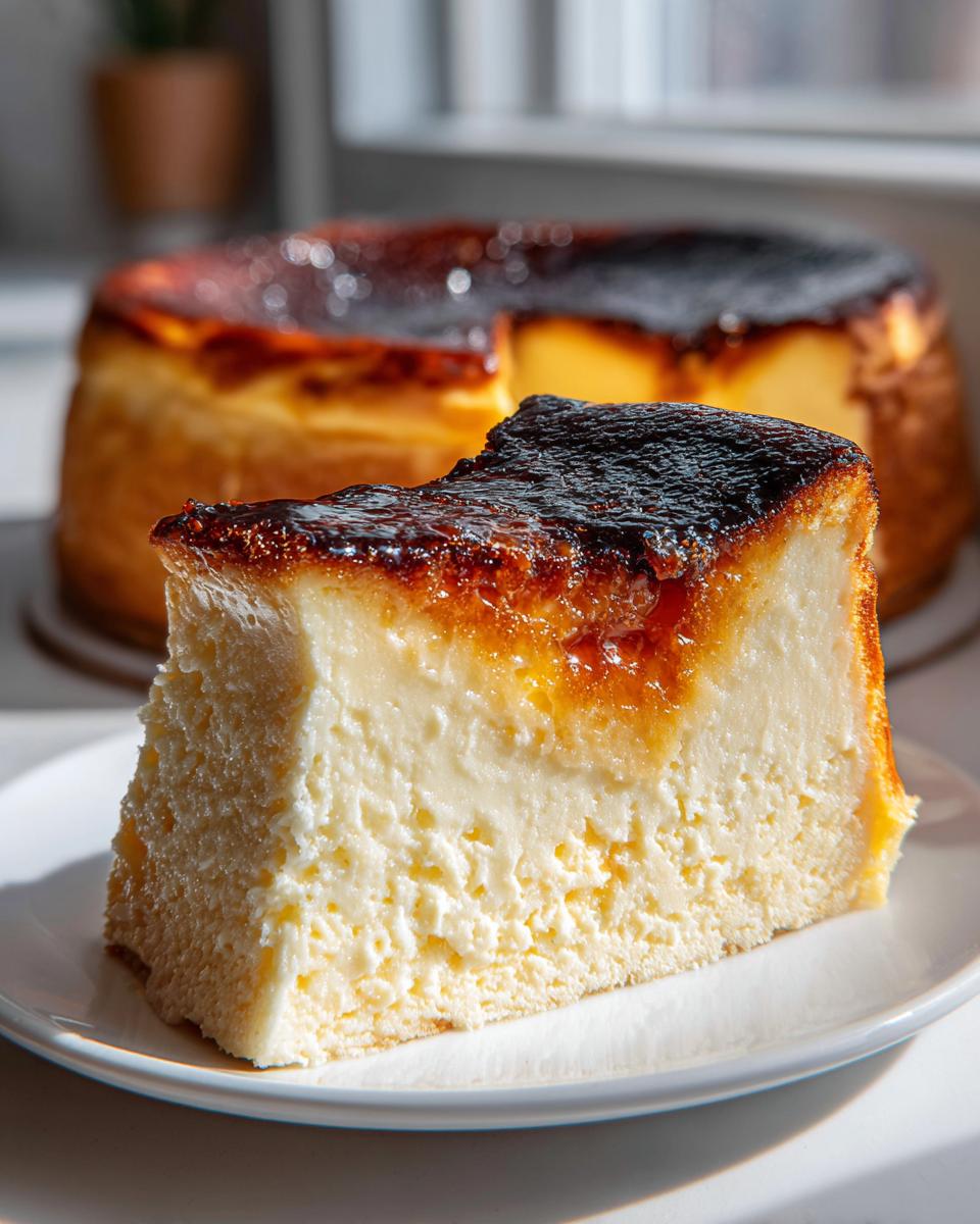 A thick slice of creamy creme brulee cheesecake with a dark, caramelized, torched top, served on a white plate.