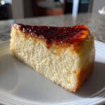 A thick slice of creamy creme brulee cheesecake featuring a deeply caramelized, torched sugar crust.
