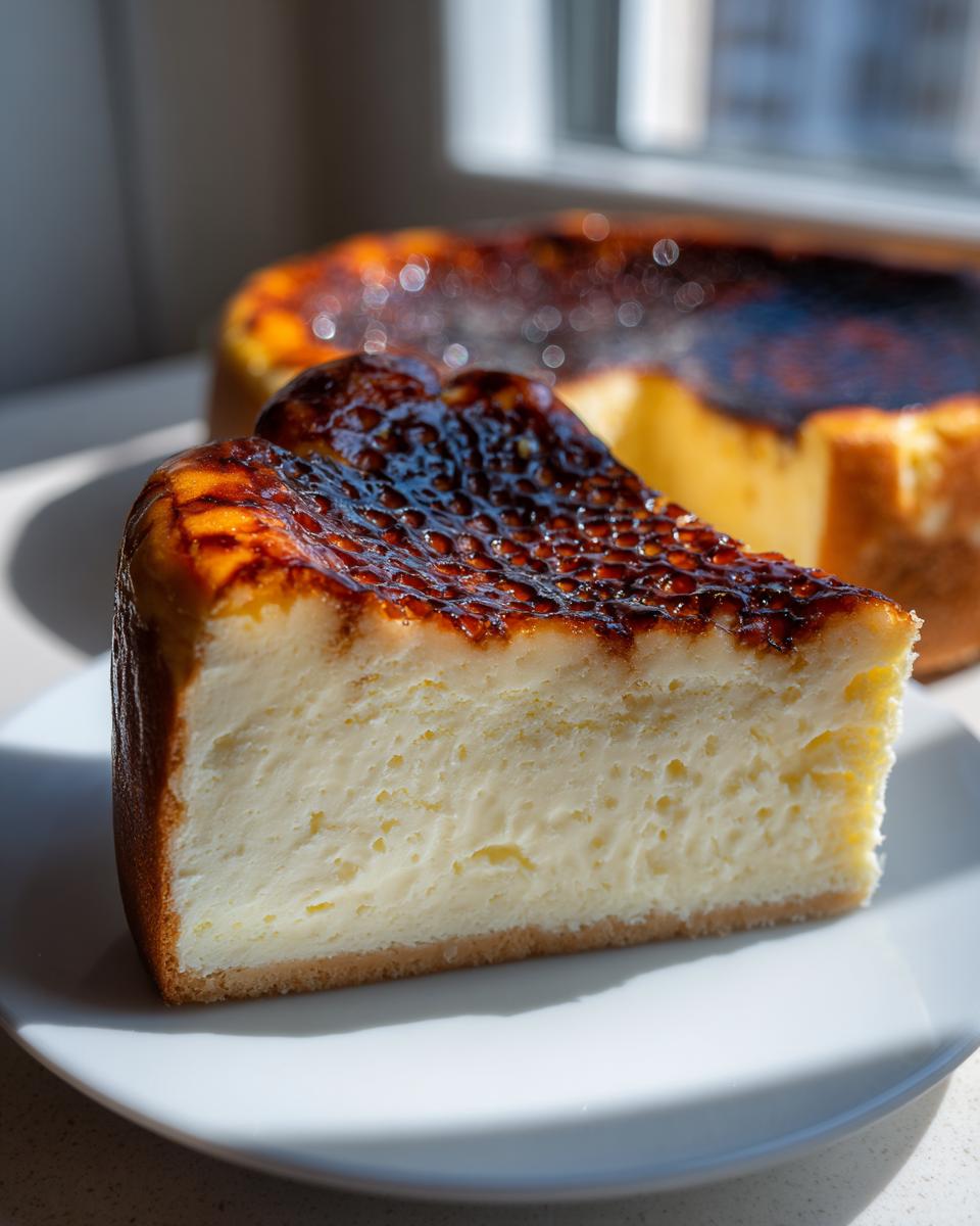 A thick slice of creamy creme brulee cheesecake with a dark, caramelized, torched sugar crust on top.