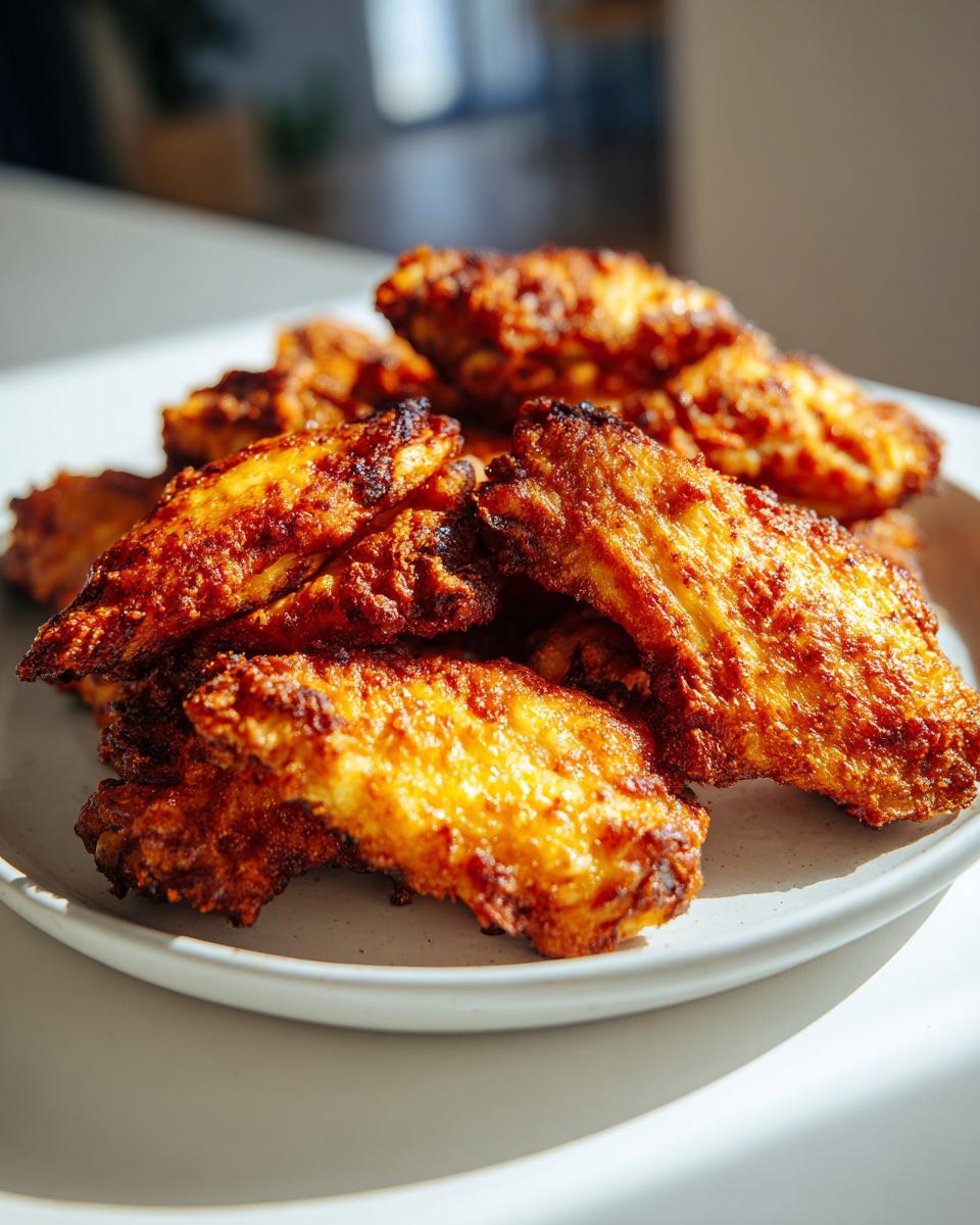 A close-up of several golden-brown, crispy air fryer chicken wings piled high on a white plate.