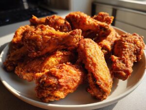 A pile of golden brown, perfectly crispy air fryer chicken wings served on a light-colored plate.