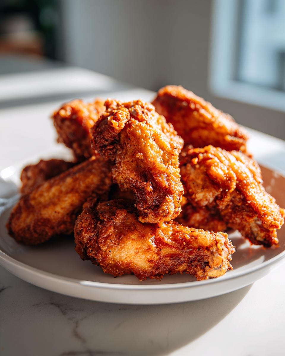 A close-up stack of golden brown, crispy air fryer chicken wings piled high on a white plate.