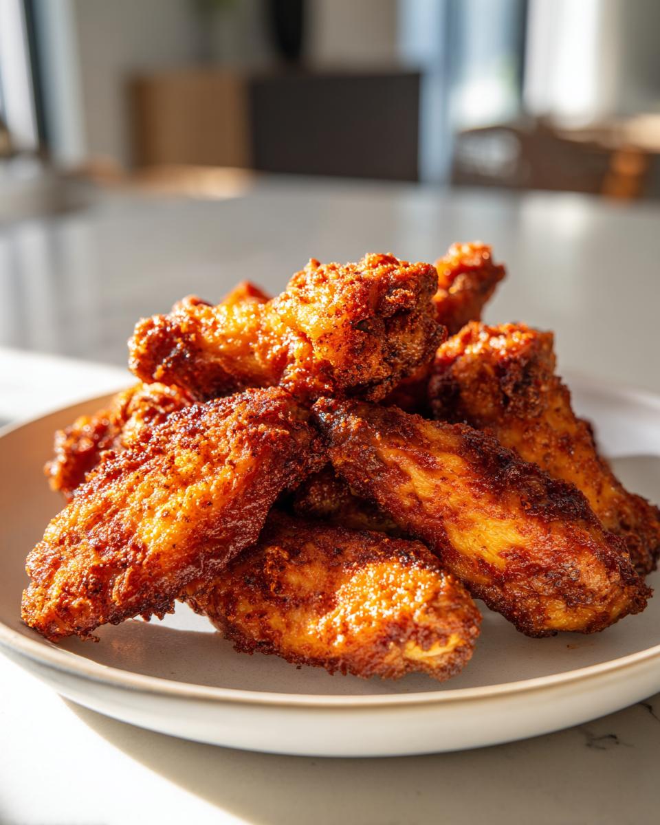 A pile of golden brown, seasoned, crispy air fryer chicken wings stacked on a light plate.