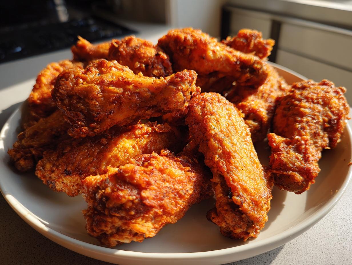 A pile of golden brown, perfectly crispy air fryer chicken wings served on a light-colored plate.