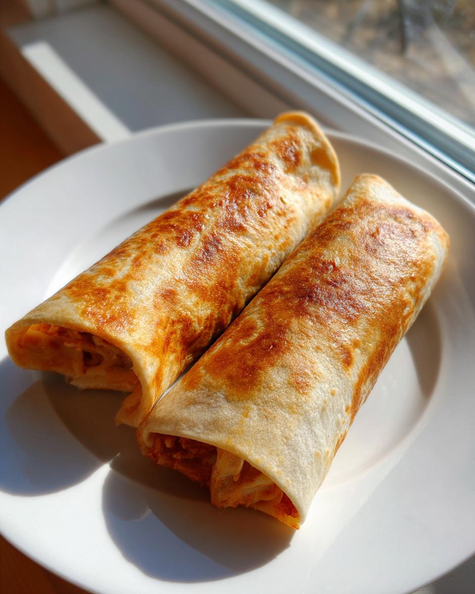 Two golden-brown, crispy Baked Chicken Chimichangas resting on a white plate near a window.