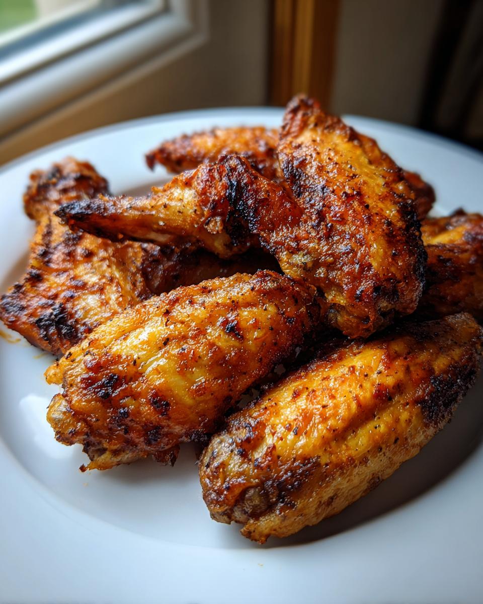 Close-up of golden brown, seasoned, and crispy baked chicken wings piled on a white plate.