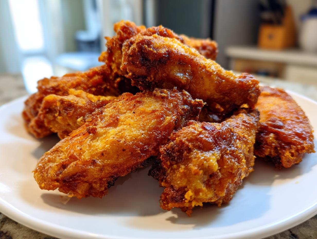 A close-up of several golden-brown, crispy baked chicken wings piled high on a white plate.