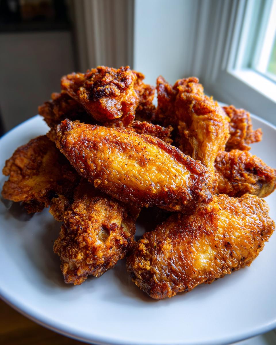 A close-up pile of golden brown, crispy baked chicken wings served on a white plate.