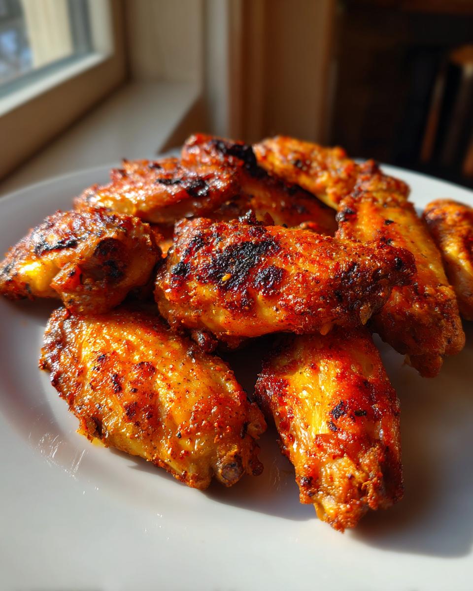 A close-up of several golden brown, seasoned crispy baked chicken wings piled on a white plate near a window.