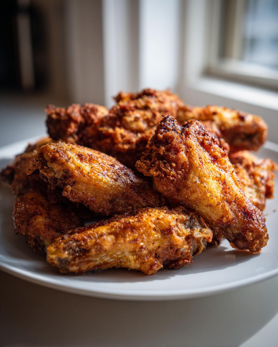 A close-up of golden brown, very crispy baked chicken wings piled high on a white plate.