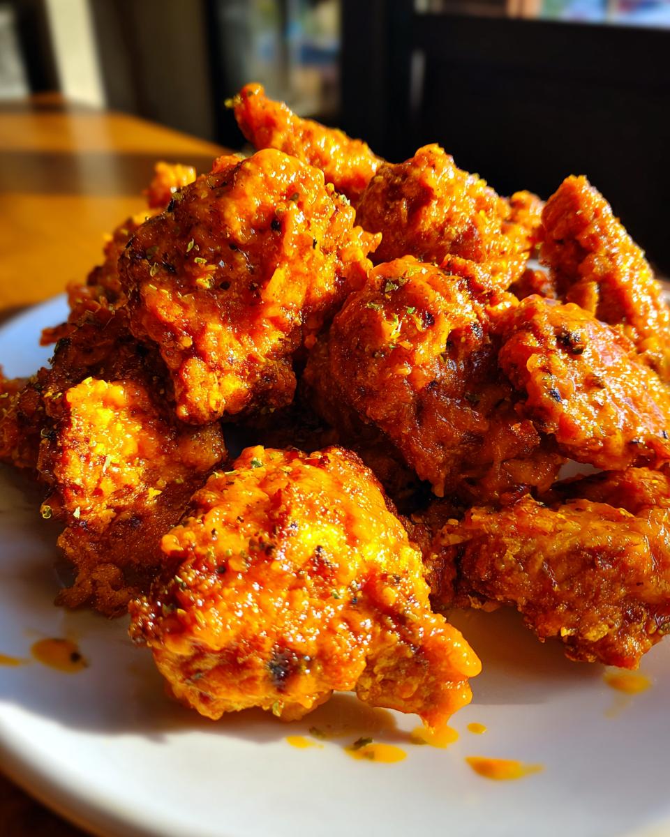 Close-up of crispy, saucy pieces of bang bang chicken piled high on a white plate.