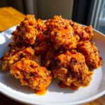 Close-up of crispy fried chicken pieces coated in a spicy orange bang bang chicken sauce on a white plate.