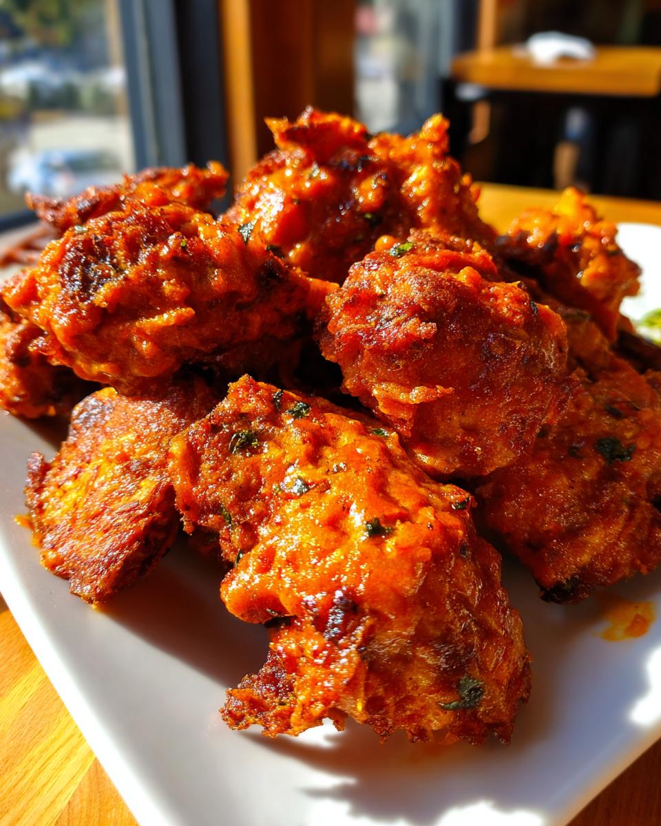 Close-up of crispy, saucy pieces of bang bang chicken piled on a white rectangular plate.