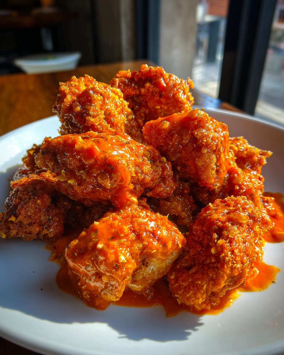 Close-up of crispy, saucy bang bang chicken pieces piled high on a white plate.