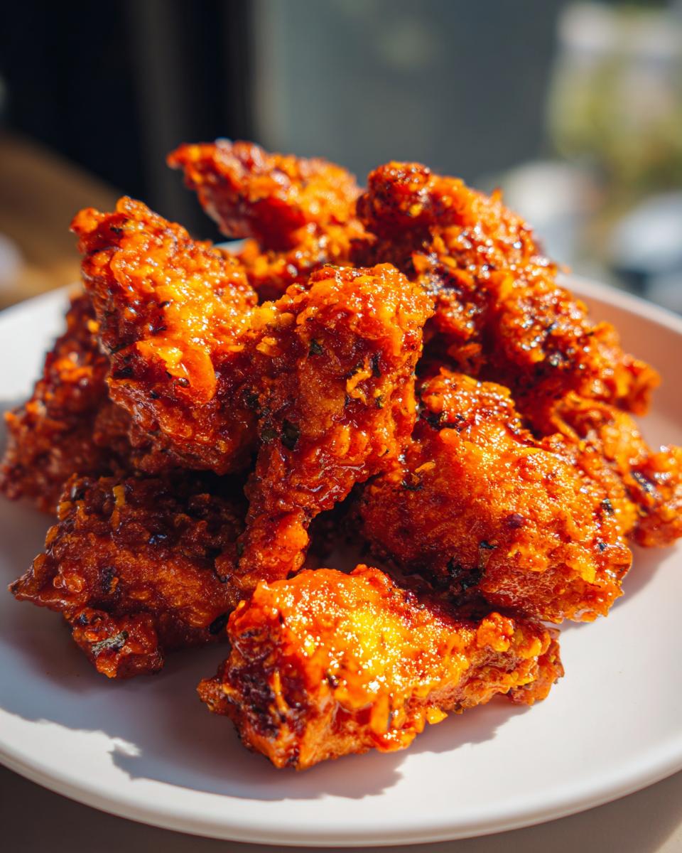 Close-up of crispy, saucy pieces of bang bang chicken piled on a white plate under bright light.
