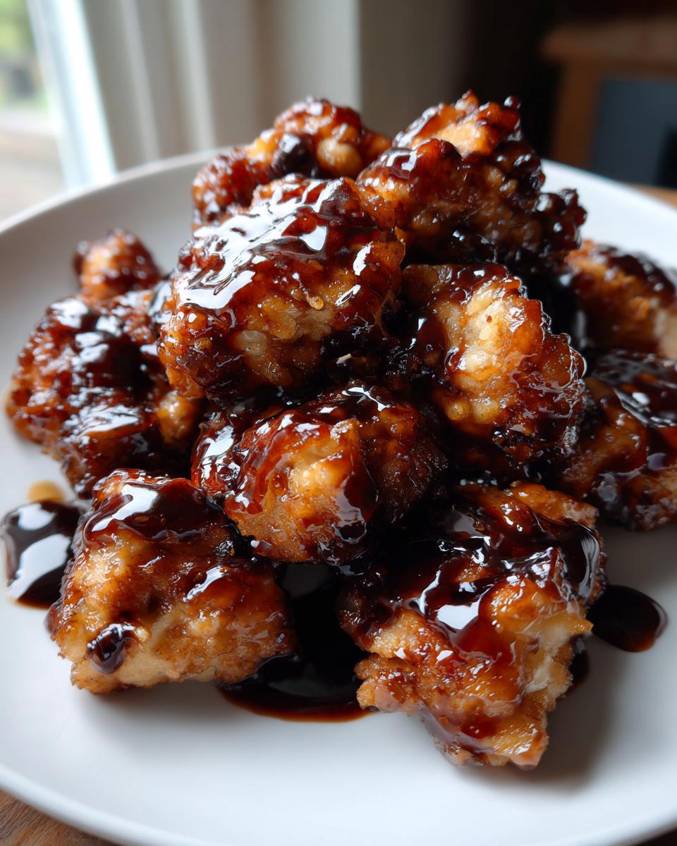 Close-up of crispy chicken pieces heavily coated in thick, glossy homemade teriyaki sauce on a white plate.