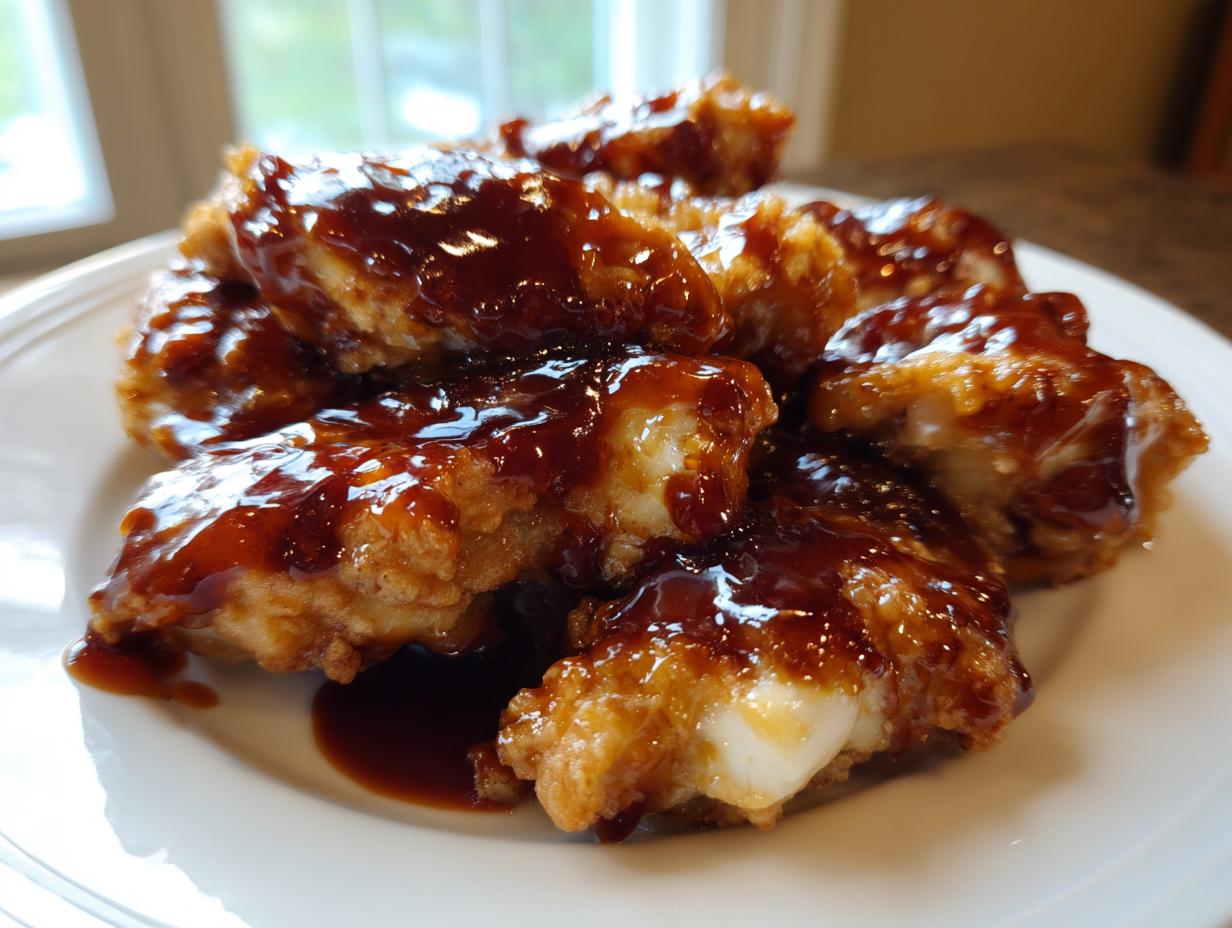 Close-up of crispy chicken pieces generously coated in thick, glossy homemade teriyaki sauce on a white plate.