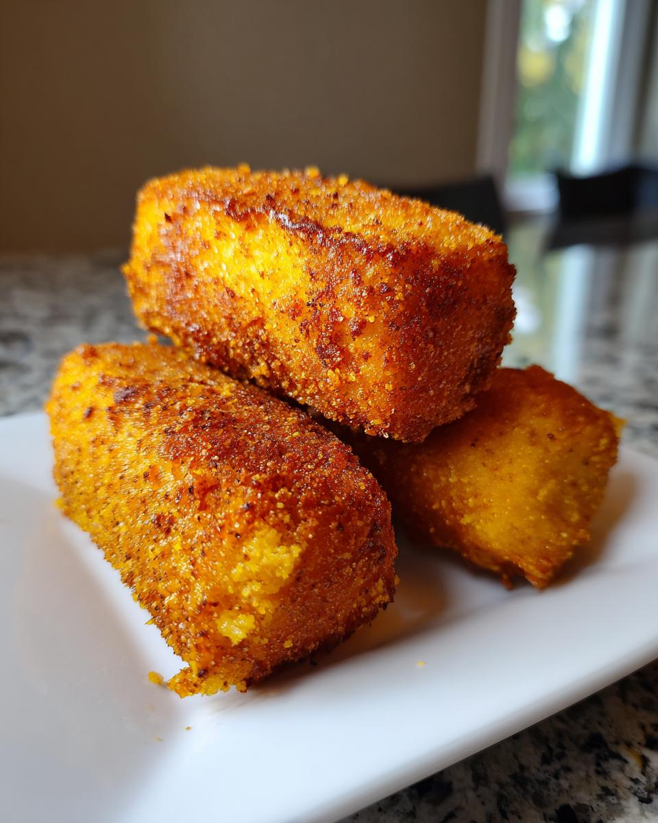 Three golden-brown, crispy corn dogs stacked on a white plate, showing their textured, seasoned coating.