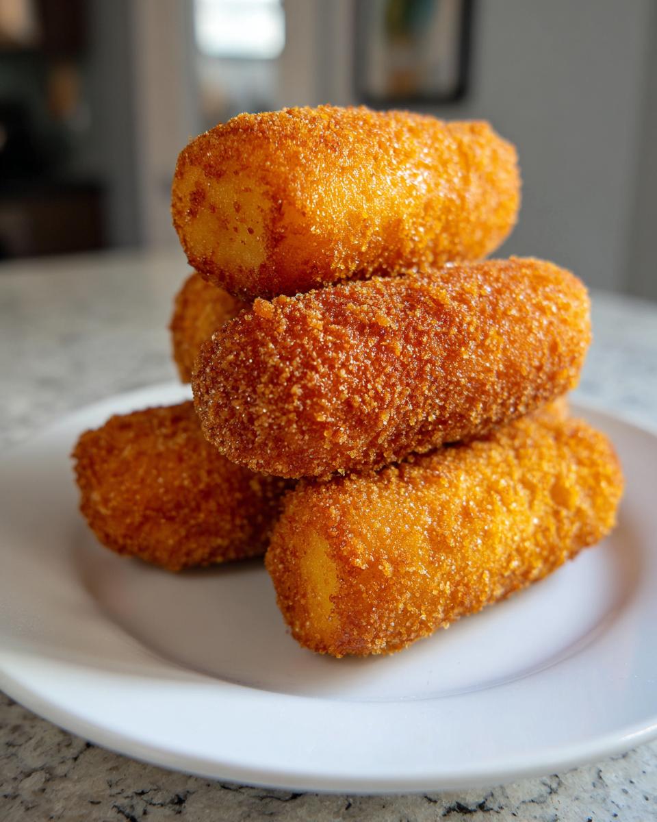 A stack of four golden-brown, crispy corn dogs piled on a white plate, ready to eat.