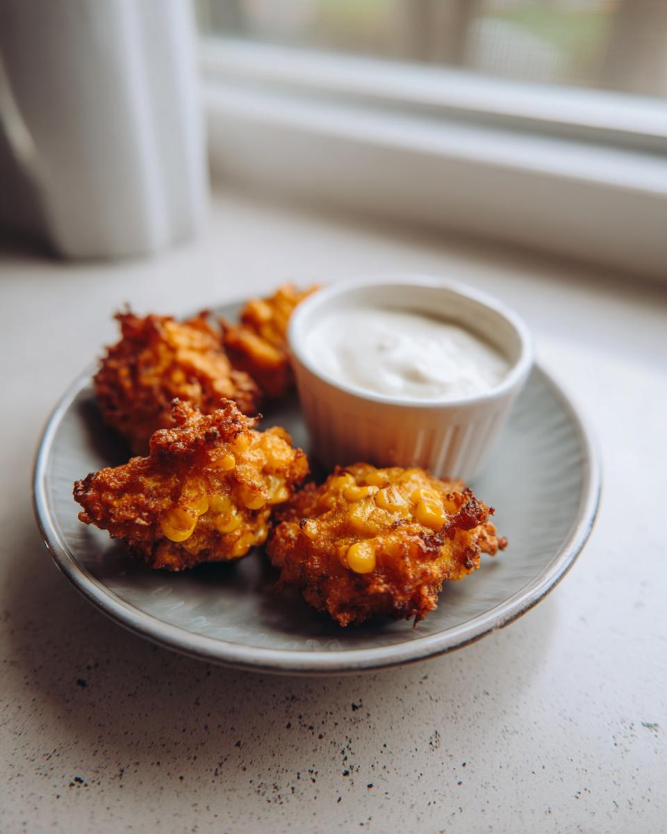 Four golden brown, crispy corn fritters served on a small grey plate next to a white ramekin of dipping sauce.