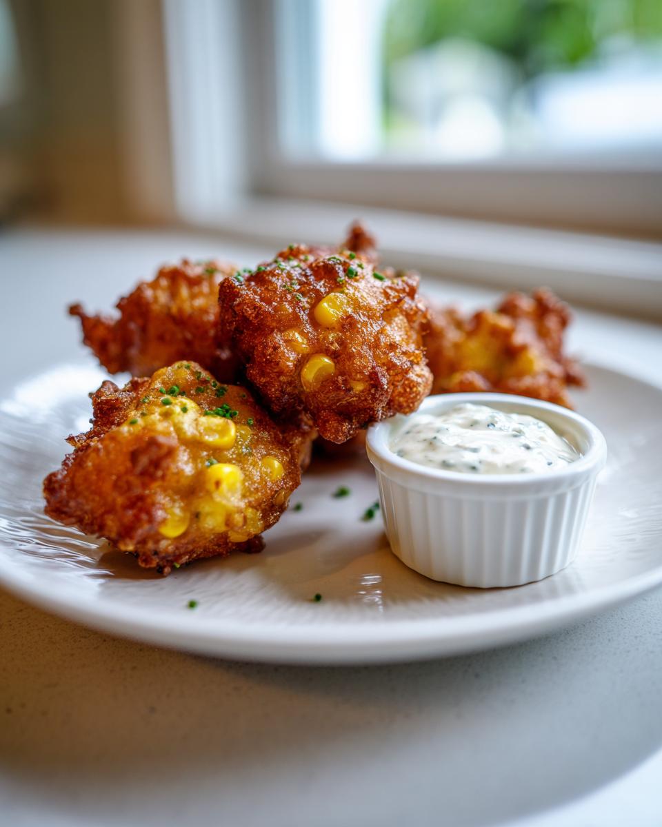 Four golden brown, crispy corn fritters served on a white plate with a small ramekin of creamy dipping sauce.