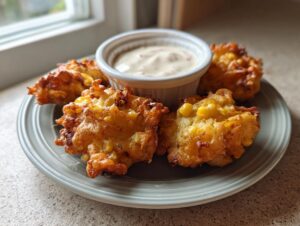Four golden brown, crispy corn fritters served on a grey plate next to a small bowl of creamy dipping sauce.