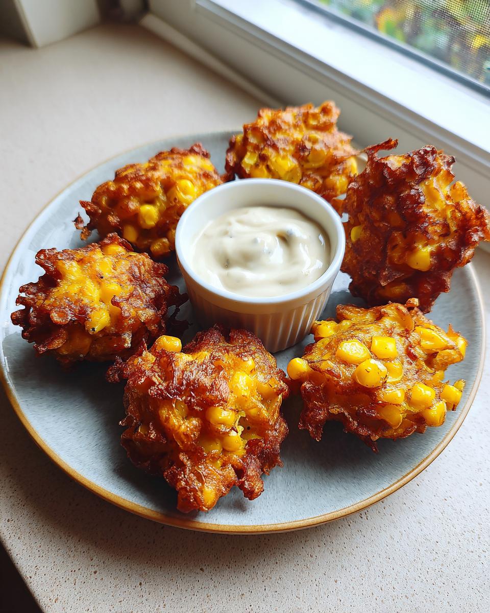 Five golden brown, crispy corn fritters arranged on a gray plate with a small ramekin of creamy dipping sauce.