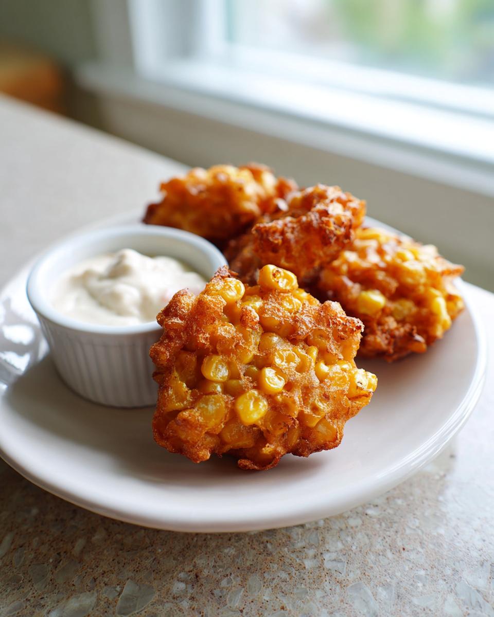 Four golden brown, crispy corn fritters served on a white plate next to a small ramekin of white dipping sauce.