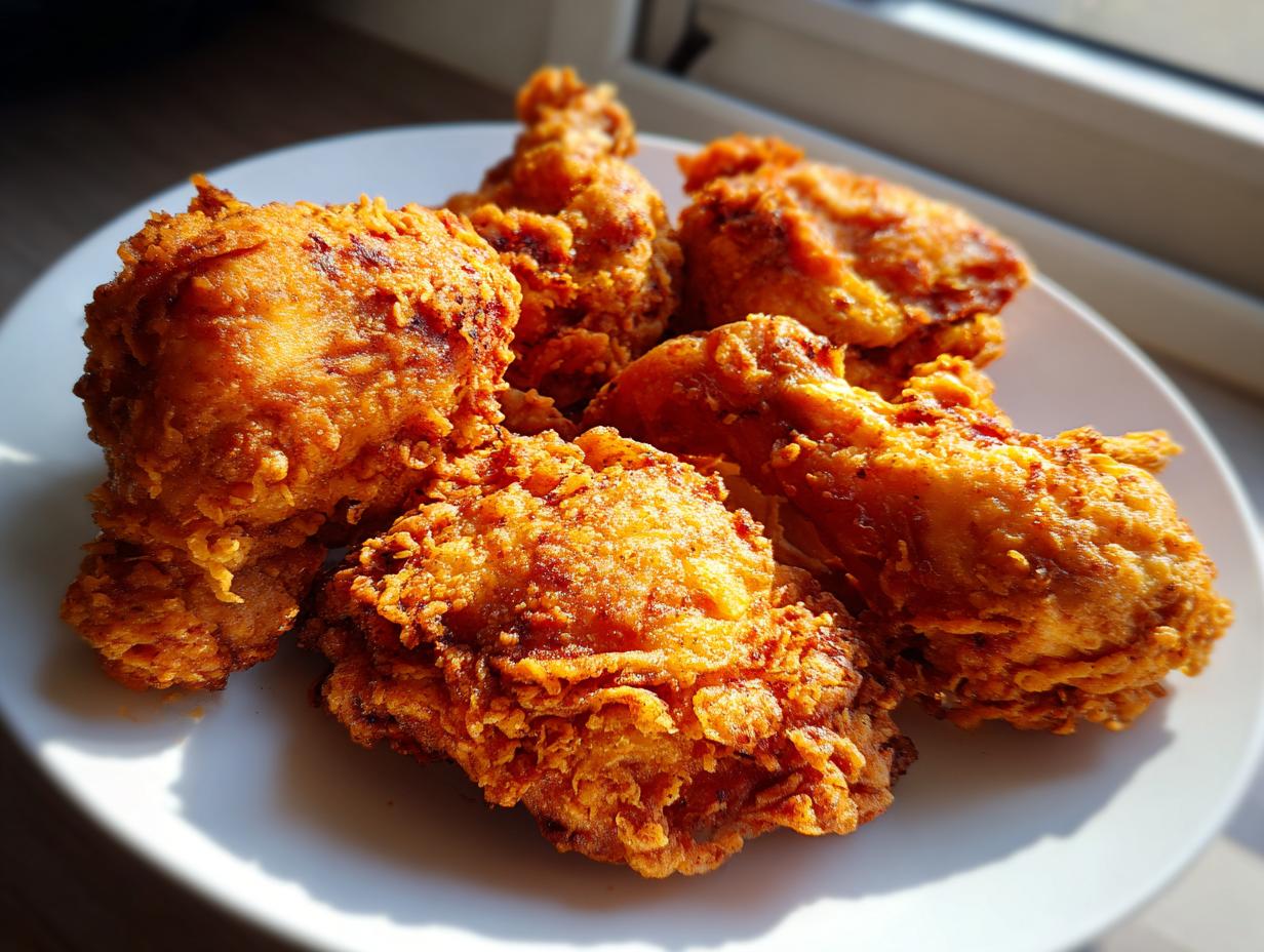Five pieces of golden brown, crispy fried chicken piled on a white plate, highlighted by bright sunlight.