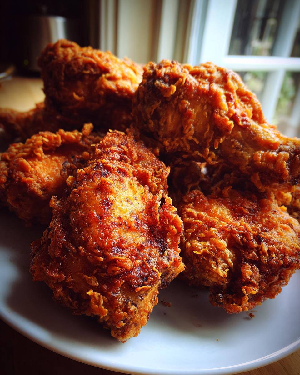 A close-up of several pieces of golden brown, crispy fried chicken piled high on a white plate.