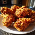 A pile of golden brown, extra crispy fried chicken pieces served on a white plate, illuminated by strong sunlight.