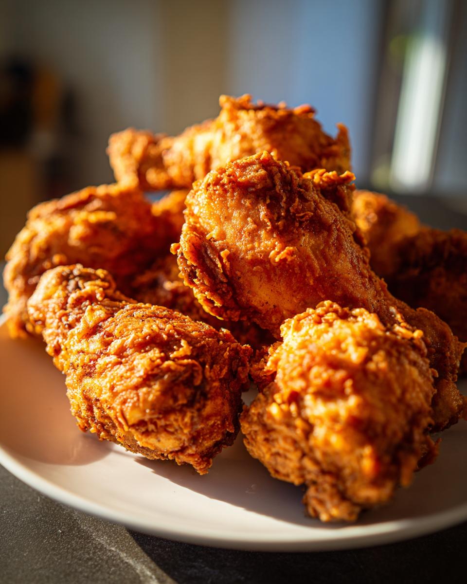 A close-up of several pieces of golden brown, crispy fried chicken piled high on a white plate.