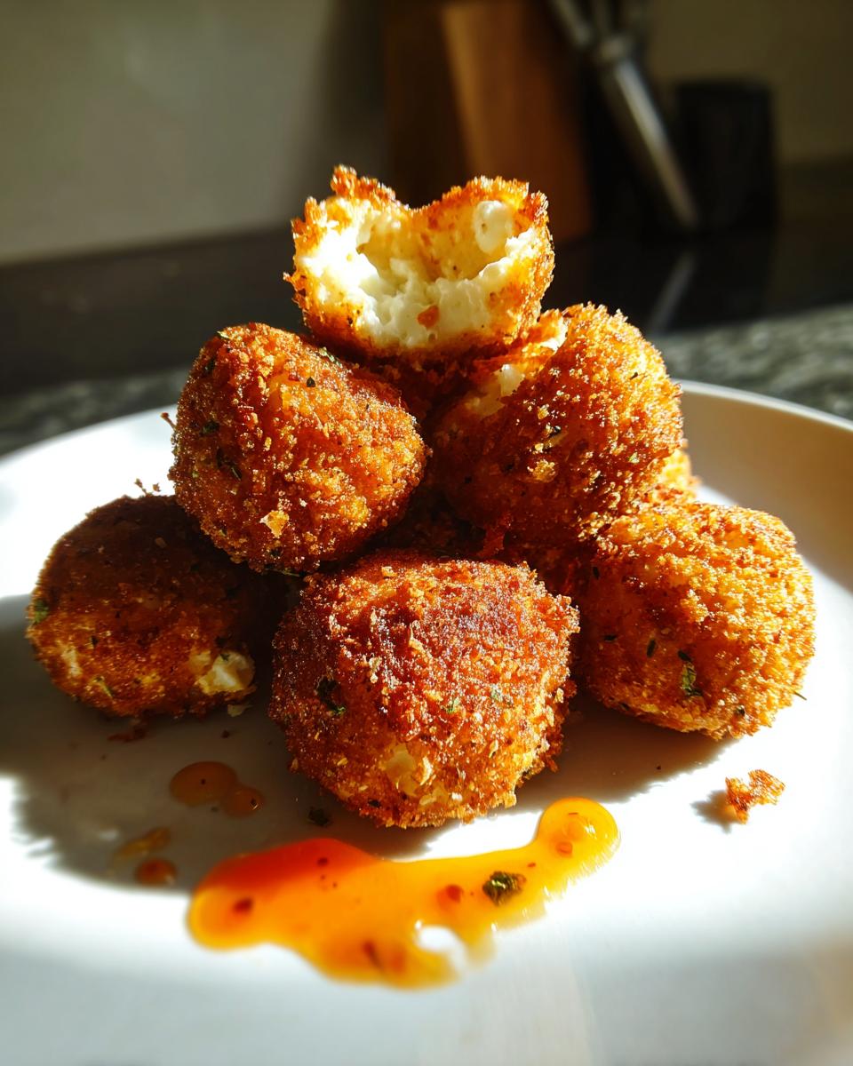 A stack of golden brown, crispy fried goat cheese balls served with a drizzle of sweet chili sauce.