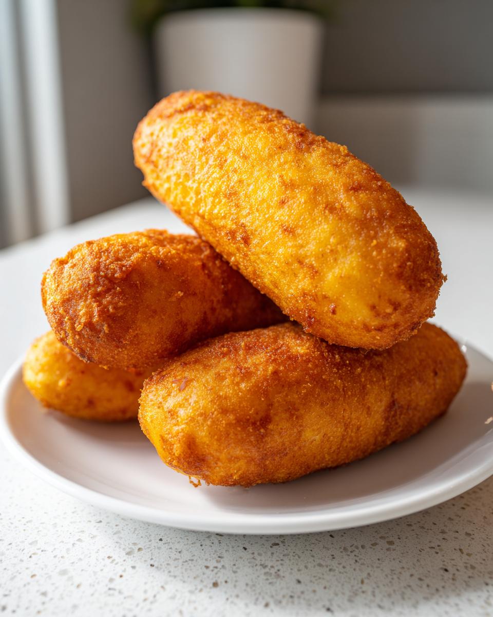 A close-up of four freshly fried, golden brown corn dogs stacked on a small white plate.
