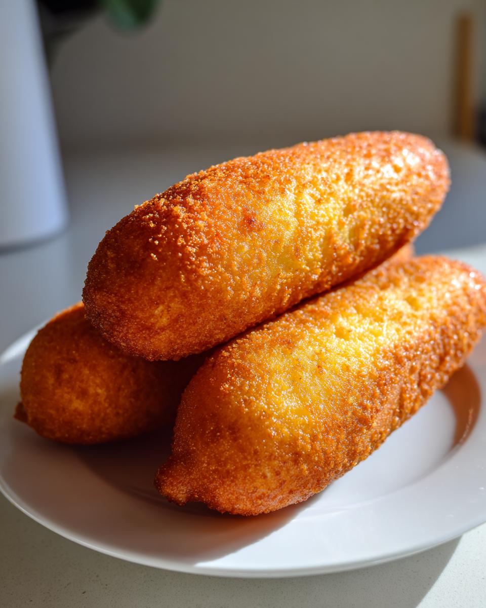 Close-up of three golden brown, crispy homemade corn dogs stacked on a white plate.