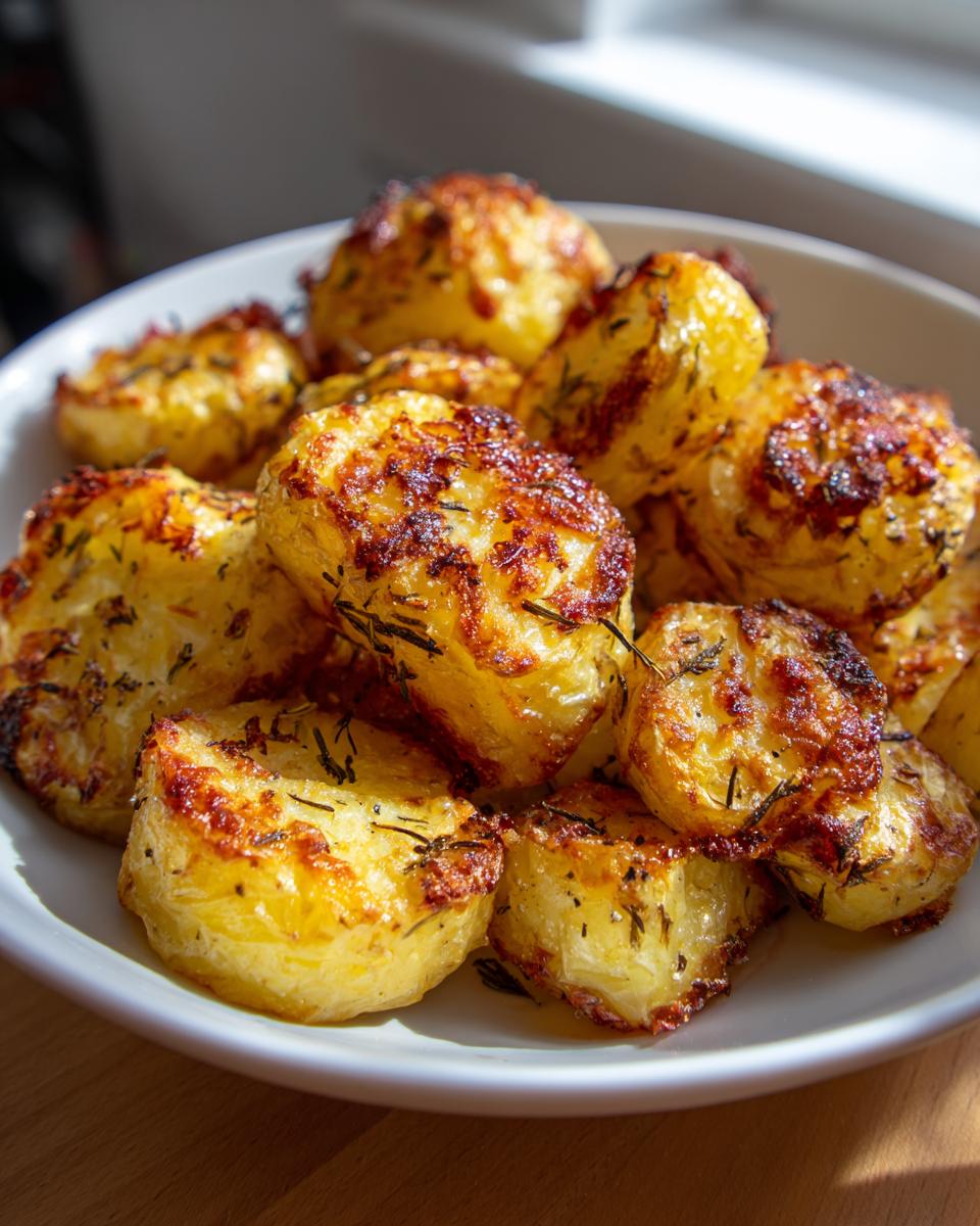A close-up of golden brown, crispy oven roasted potatoes seasoned with rosemary, served in a white bowl.