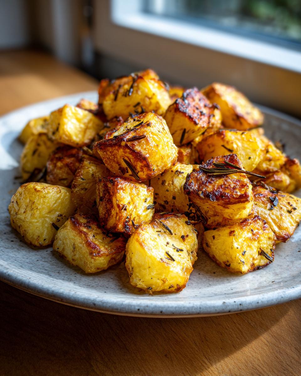 A pile of golden brown, crispy oven roasted potatoes seasoned with rosemary on a speckled grey plate.