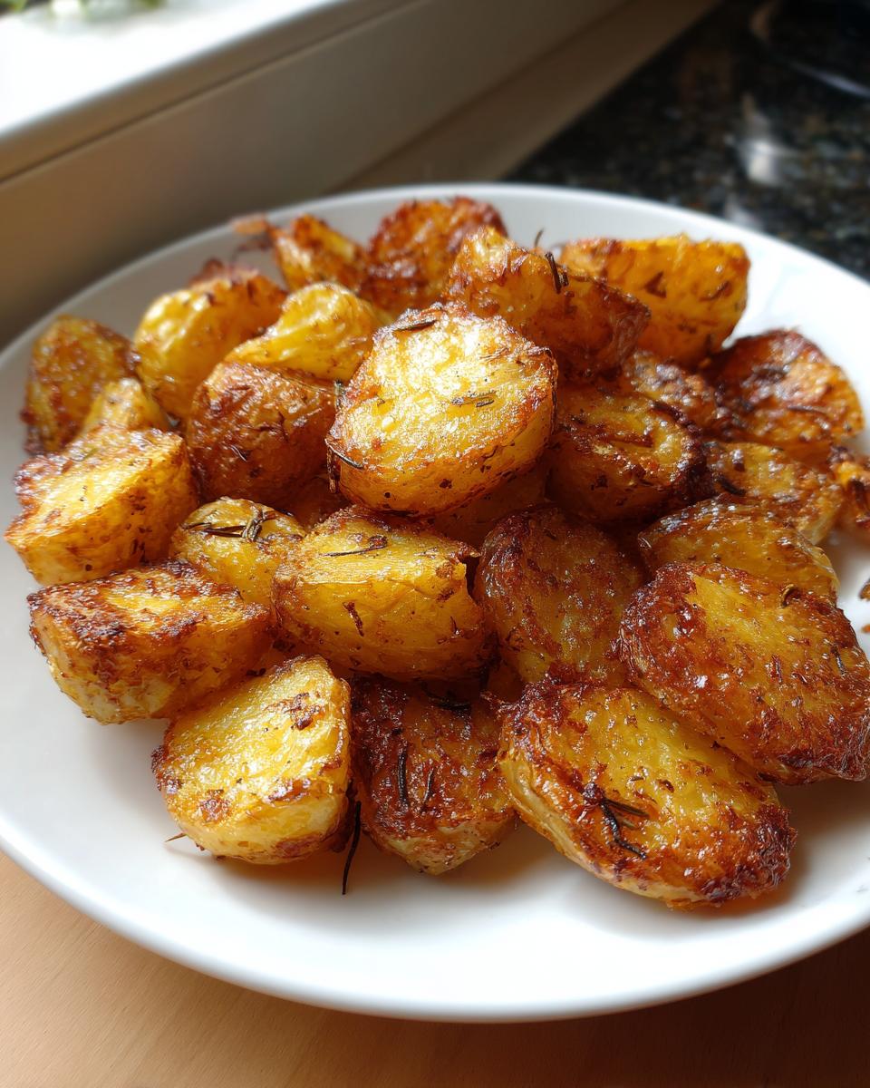 A close-up of golden brown, crispy oven roasted potatoes seasoned with rosemary on a white plate.