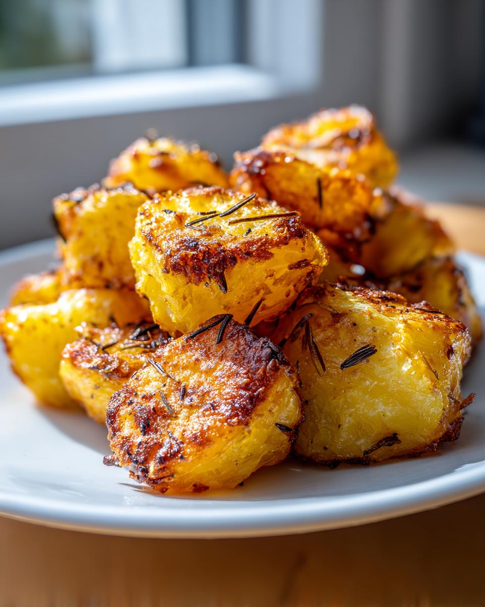 Close-up of golden brown, crispy oven roasted potatoes seasoned with rosemary sprigs on a white plate.